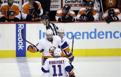 New York Islanders' Colin McDonald (13); Lubomir Visnovsky (11), of Slovakia; and Thomas Hickey (14) celebrate after a goal by McDonald during the third period of an NHL hockey game against the Philadelphia Flyers, Thursday, March 28, 2013, in Philadelphia. New York won 4-3 in a shootout
