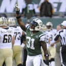 New York Jets' Antonio Cromartie (31) celebrates after an interception during the first half of an NFL football game against the New Orleans Saints Sunday, Nov. 3, 2013, in East Rutherford, N.J. (AP Photo/Bill Kostroun)