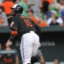 Baltimore Orioles' Adam Jones watches the flight of his two-run home run against the Detroit Tigers in the third inning of a baseball game on Friday, May 31, 2013 in Baltimore. (AP Photo/Gail Burton)