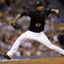 Pittsburgh Pirates starting pitcher Francisco Liriano (47) during the third inning of a baseball game against the St. Louis Cardinals in Pittsburgh Friday, Aug. 30, 2013. (AP Photo/Gene J. Puskar)