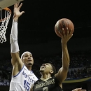 Vanderbilt guard Kedren Johnson (2) shoots against Kentucky forward Willie Cauley-Stein (15) during the second half of an NCAA college basketball game at the Southeastern Conference tournament, Friday, March 15, 2013, in Nashville, Tenn. (AP Photo/Dave Martin)