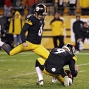 Pittsburgh Steelers kicker Shaun Suisham (6) makes a 23-yard field goal to defeat the Kansas City Chiefs 16-13 in overtime of an NFL football game in Pittsburgh, Monday, Nov. 12, 2012. (AP Photo/Gene J. Puskar)