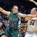 Kaycee Mansfield (25) of Utah Valley, tries to stop Jen Reese, of Colorado, from shooting during the first half of an NCAA college basketball game Saturday Dec. 22, 2012 in Boulder, Colo. (AP Photo/Daily Camera, Cliff Grassmick)