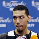 San Antonio Spurs' Danny Green takes questions during a media availability after NBA basketball practice, Saturday, June 15, 2013, in San Antonio. The Spurs host the Miami Heat in Game 5 of the NBA Finals on Sunday, with the best-of-seven games series even at 2-2. (AP Photo/David J. Phillip)