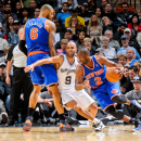 SAN ANTONIO, TX - NOVEMBER 15: Raymond Felton #2 of the New York Knicks drives on a screen by teammate Tyson Chandler #6 against Tony Parker #9 of the San Antonio Spurs on November 15, 2012 at the AT&T Center in San Antonio, Texas