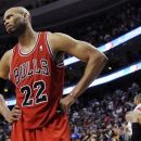 Chicago Bulls' Taj Gibson (22) stares at an official after a foul called against him during the second half of Game 4 in a first-round NBA basketball playoff series against the Philadelphia 76ers in Philadelphia, Sunday, May 6, 2012. The 76ers won 89-82. (AP Photo/Michael Perez)
