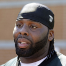 Philadelphia Eagles offensive tackle Jason Peters speaks with members of the media after NFL football practice at the team's training facility, Tuesday, June 4, 2013, in Philadelphia. (AP Photo/Matt Rourke)