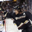 FILE - In this April 3, 2013, file photo, Anaheim Ducks' Teemu Selanne, of Finland, celebrates his goal against the Dallas Stars during the second period of an NHL hockey game in Anaheim, Calif.. Selanne says he's returning to the Ducks for his 21st and final NHL season. (AP Photo/Jae C. Hong, File)