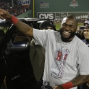 Boston Red Sox designated hitter David Ortiz laughs after being named the MVP after Game 6 of baseball's World Series Thursday, Oct. 31, 2013, in Boston. The Red Sox won 6-1 to win the series. (AP Photo/Matt Slocum)