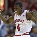 Indiana's Victor Oladipo celebrates after hitting a 3-point basket during the first half of an NCAA college basketball game against Minnesota, Saturday, Jan. 12, 2013, in Bloomington, Ind. (AP Photo/Darron Cummings)