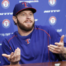 Texas Rangers outfielder Josh Hamilton answers questions during a news conference, Thursday, May 28, 2015, in Arlington, Texas. Hamilton will play his first home game with the Rangers since being reacquired from the Los Angeles Angels. (AP Photo/Brandon Wade)
