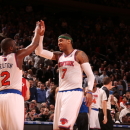 NEW YORK, NY - April 5: Carmelo Anthony #7 of the New York Knicks celebrates with teammate Raymond Felton #2 during the game against the Milwaukee Bucks on April 5, 2013 at Madison Square Garden in New York City.  (Photo by Nathaniel S. Butler/NBAE via Getty Images)