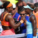 Serena Williams, left, greets Sloane Stephens after their match at the BNP Paribas Open tennis tournament, Tuesday, March 17, 2015 in Indian Wells, Calif. Williams won 6-7 (3), 6-2, 6-2. (AP Photo/Mark J. Terrill)