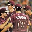 Florida State pitcher Scott Sitz, left, is greeted by teammates Mike Compton (17), Peter Miller, right, and Brandon Leibrandt, center rear, after being relieved in the seventh inning of an NCAA College World Series elimination baseball game against UCLA, in Omaha, Neb., Tuesday, June 19, 2012. (AP Photo/Eric Francis)