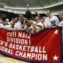 Pikeville celebrates after defeating Mountain State  83-76 in overtime to win the NAIA Division I college basketball tournament, Tuesday, March 22, 2011, in Kansas City, Mo. (AP Photo/Ed Zurga)