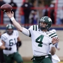 Ohio quarterback Tyler Tettleton (4) throws a short pass against Louisiana-Monroe during the first quarter of the Independence Bowl NCAA college football game in Shreveport, La., Friday, Dec. 28, 2012. (AP Photo/Rogelio V. Solis)