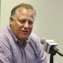 Larry Beinfest, Marlins' president of baseball operations speaks during a news conference where Former Miami Marlins third baseman Hanley Ramirez, spoke about his trade, Wednesday July 25, 2012 in Miami. The Los Angeles Dodgers have worked out a multiplayer trade to acquire the former NL batting champion from Miami, the second big deal in as many days for the disappointing Marlins. (AP Photo/Wilfredo Lee)