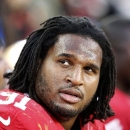 FILE - This Nov. 23, 2014, file photo shows San Francisco 49ers defensive tackle Ray McDonald (91) on the bench during the fourth quarter of an NFL football game in Santa Clara, Calif. Police say Chicago Bears defensive end McDonald has been accused of domestic violence in Northern California, the latest arrest for the former San Francisco 49er. McDonald was taken into custody Monday, May 25, 2015, on suspicion of domestic violence and child endangerment. (AP Photo/Tony Avelar, File)