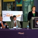 Leaders of the Pat Summitt Foundation, Pat Summitt, right, Board Chairman Jim Haslam, left, and Director Patrick Wade talk about 'We Back Pat' week in which SEC member institutions will be offering support of the foundation Tuesday, Jan. 15, 2013, in Knoxville, Tenn. Summitt announced in the summer of 2011 that she has early-onset dementia, Alzheimer's type. (AP Photo/Chad Greene, Knoxville News Sentinel)