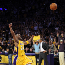 FILE - In this June 17, 2010 file photo, Los Angeles Lakers guard Kobe Bryant reacts as the ball bounces away for the final second of Game 7 of the NBA basketball finals against the Boston Celtics in Los Angeles. The rareness of the 7th game, winner-take-all scenario is what makes it so special. (AP Photo/Mark J. Terrill, File)