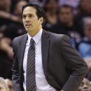 Miami Heat's Erik Spoelstra walks the sideline against the San Antonio Spurs during the first half at Game 4 of the NBA Finals basketball series, Thursday, June 13, 2013, in San Antonio. (AP Photo/Eric Gay)