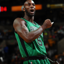 BOSTON, MA - MARCH 13:  Kevin Garnett #5 of the Boston Celtics before the game against the Toronto Raptors on March 13, 2013 at the TD Garden in Boston, Massachusetts.  (Photo by Brian Babineau/NBAE via Getty Images)