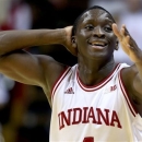 Indiana's Victor Oladipo reacts after Penn State was called for a charging foul during the second half of an NCAA college basketball game, Wednesday, Jan. 23, 2013, in Bloomington, Ind. Indiana won 72-49. (AP Photo/Darron Cummings)