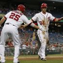 Washington Nationals' Bryce Harper, right, celebrates with Adam LaRoche after scoring during the first inning of a baseball game with the Chicago Cubs  at Nationals Park, Thursday, Sept. 6, 2012, in Washington. (AP Photo/Alex Brandon)