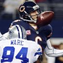 Dallas Cowboys linebacker DeMarcus Ware (94) causes Chicago Bears quarterback Jay Cutler (6) to fumble the ball during the second half of an NFL football game, Monday, Oct. 1, 2012, in Arlington, Texas. (AP Photo/Sharon Ellman)