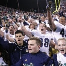 Notre Dame celebrates after defeating Oklahoma 30-13 in an NCAA college football game in Norman, Okla., Saturday, Oct. 27, 2012. (AP Photo/Alonzo Adams)