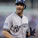 National League's Ryan Braun, of the Milwaukee Brewers, reacts after hitting a triple during the fourth inning of the MLB All-Star baseball game, Tuesday, July 10, 2012, in Kansas City, Mo. (AP Photo/Jeff Roberson)