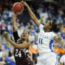 Kentucky center DeNesha Stallworth (11) gets her hand on the shot of Texas A&M guard Jordan Jones (24) during the first half of an NCAA college basketball game in the championship of the Southeastern Conference tournament, Sunday, March 10, 2013, in Duluth, Ga. (AP Photo/John Amis)