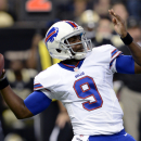 Buffalo Bills quarterback Thad Lewis (9) passes during the first half of an NFL football game against the New Orleans Saints in New Orleans, Sunday, Oct. 27, 2013. (AP Photo/Bill Feig)