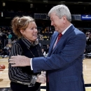 Vanderbilt head coach Melanie Balcomb, left, shakes hands with Texas A&M head coach Gary Blair before an NCAA college basketball game, Sunday, Feb. 24, 2013, in Nashville, Tenn. (AP Photo/Joe Howell)