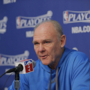 OAKLAND, CA - MAY 2: Head Coach George Karl of the Denver Nuggets speaks to the media after his team is defeated by the Golden State Warriors in Game Six of the Western Conference Quarterfinals during the 2013 NBA Playoffs on May 2, 2013 at Oracle Arena in Oakland, California. (Photo by Rocky Widner/NBAE via Getty Images)