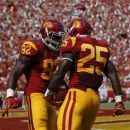 Southern California running back Silas Redd, right, celebrates his touchdown with tight end Randall Telfer during the first half of an NCAA college football game against California in Los Angeles, Saturday, Sept. 22, 2012. (AP Photo/Jae C. Hong)