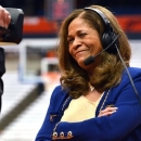Rutgers head coach C. Vivian Stringer participates in an interview during halftime against Syracuse in an NCAA college basketball game in Syracuse, N.Y., Tuesday, Feb. 19, 2013. (AP Photo/Kevin Rivoli)