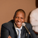 DENVER, CO - AUGUST 16: (L/R) Executive Vice President of Basketball Operations Masai Ujiri of the Denver Nuggets speaks to the media during a press conference on August 16, 2012 at the Pepsi Center in Denver, Colorado. (Photo by Garrett W. Ellwood/NBAE via Getty Images)