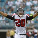 Atlanta Falcons cornerback Brent Grimes celebrates a fumble recovery by his team during the first half of an NFL preseason football game against the Jacksonville Jaguars,  Thursday, Aug. 30, 2012, in Jacksonville, Fla. (AP Photo/Phelan M. Ebenhack)