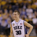 Duke's Jon Scheyer (30) reacts during the first half of a men's NCAA Final Four semifinal college basketball game against West Virginia Saturday, April 3, 2010, in Indianapolis.  (AP Photo/Darron Cummings)