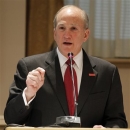 FILE - In this April 11, 2012 file photo,  Robert Barchi addresses members of the Rutgers University Board moments after they appointed him president, in New Brunswick, N.J. Tim Pernetti is out as Rutgers athletic director, two days after the basketball coach was fired following a video that went public of Mike Rice shoving, grabbing and throwing balls at players in practice and using anti-gay slurs. Pernetti was given the video in late November by a former employee. With the approval of  Barchi, he suspended Rice for three games, fined him $75,000 and ordered him to attend anger management classes.  (AP Photo/Julio Cortez, File)