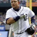 Detroit Tigers' Miguel Cabrera celebrates a solo home run against Colorado Rockies pitcher Christian Friedrich in the first inning of a baseball game in Detroit, Saturday, June 16, 2012. (AP Photo/Paul Sancya)