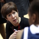 Notre Dame head coach Muffet McGraw talks to her team during a time out during first-half action in an NCAA college basketball game against Providence, Saturday, March 2, 2013, in Providence, R.I. (AP Photo/Stew Milne)