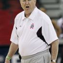 Texas A&M's coach Gary Blair directs his team during practice in Raleigh, N.C., Saturday, March 24, 2012. Texas A&M will play Maryland in an NCAA women's tournament regional semifinal college basketball game on Sunday. (AP Photo/Gerry Broome)
