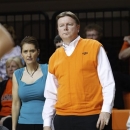 FILE - In this Nov. 9, 2011, file photo, Oklahoma State had coach Kurt Budke, right, and assistant coach Miranda Serna, left, watch the action during an exhibition college basketball game against Fort Hays State in Stillwater, Okla. A National Transportation Safety Board report says investigators were unable to pinpoint the exact cause of the Nov. 17, 2011, plane crash in Arkansas that killed Budke and Serna. (AP Photo/Sue Ogrocki, File)