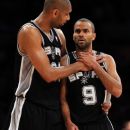LOS ANGELES, CA - APRIL 17: Tim Duncan #21 and Tony Parker #9 of the San Antonio Spurs talk during a break in the game against the Los Angeles Lakers at Staples Center on April 17, 2012 in Los Angeles, California. (Photo by Harry How/Getty Images)