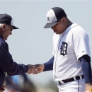 Detroit Tigers relief pitcher Bruce Rondon is pulled by manager Jim Leyland after giving up two runs during the seventh inning of a spring training baseball game against the Philadelphia Phillies, Wednesday, March 27, 2013, in Lakeland, Fla. (AP Photo/Carlos Osorio)