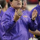 LSU coach Les Miles questions a call in the first half of an NCAA college football game against Auburn on Saturday, Sept. 22, 2012 at Jordan-Hare Stadium in Auburn, Ala. (AP Photo/Dave Martin)