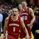 Wisconsin's Ben Brust (1) and Jared Berggren (40) react after defeating Indiana 64-59 in an NCAA college basketball game, Tuesday, Jan. 15, 2013, in Bloomington, Ind. (AP Photo/Darron Cummings)