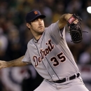 Detroit Tigers starting pitcher Justin Verlander delivers a pitch in the first inning of Game 5 of an American League division baseball series against the Oakland Athletics in Oakland, Calif., Thursday, Oct. 11, 2012.(AP Photo/Marcio Jose Sanchez)